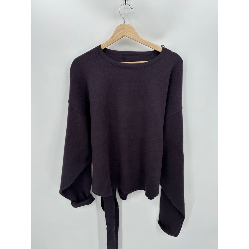 Zara Sweater Women Medium Plum Purple Tie Wrap Belted Chunky Thick Crewneck